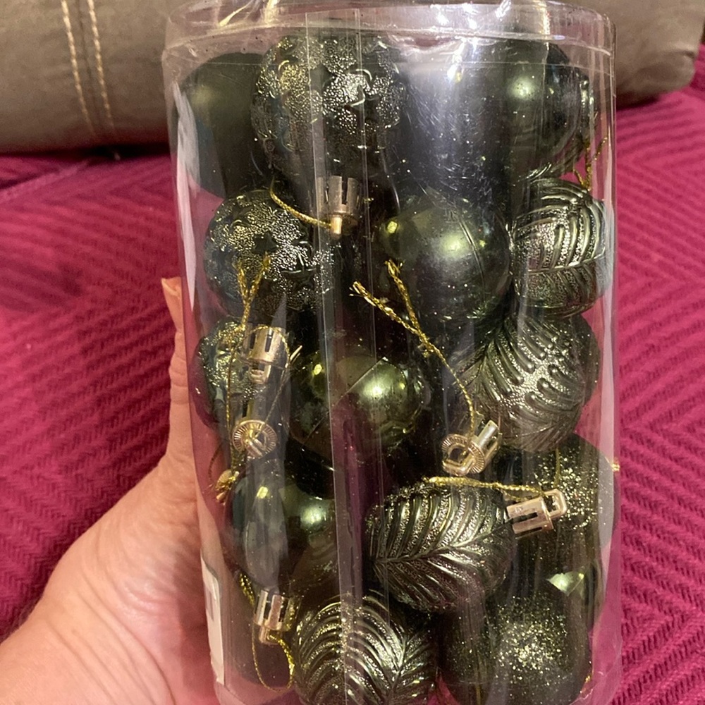 Olive green Christmas ornaments - about 30